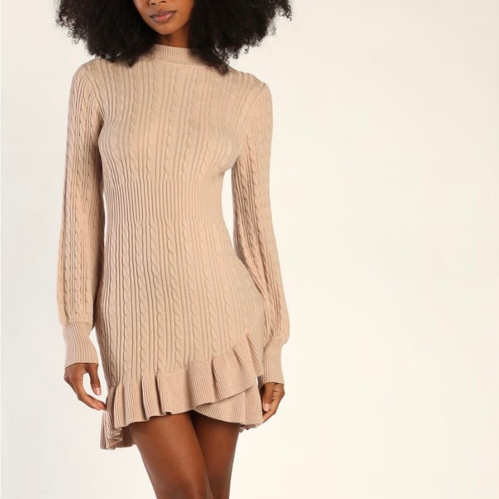 Fall Cutie Beige Knit Mock Neck Ruffled Mini Sweater Dress size 1X